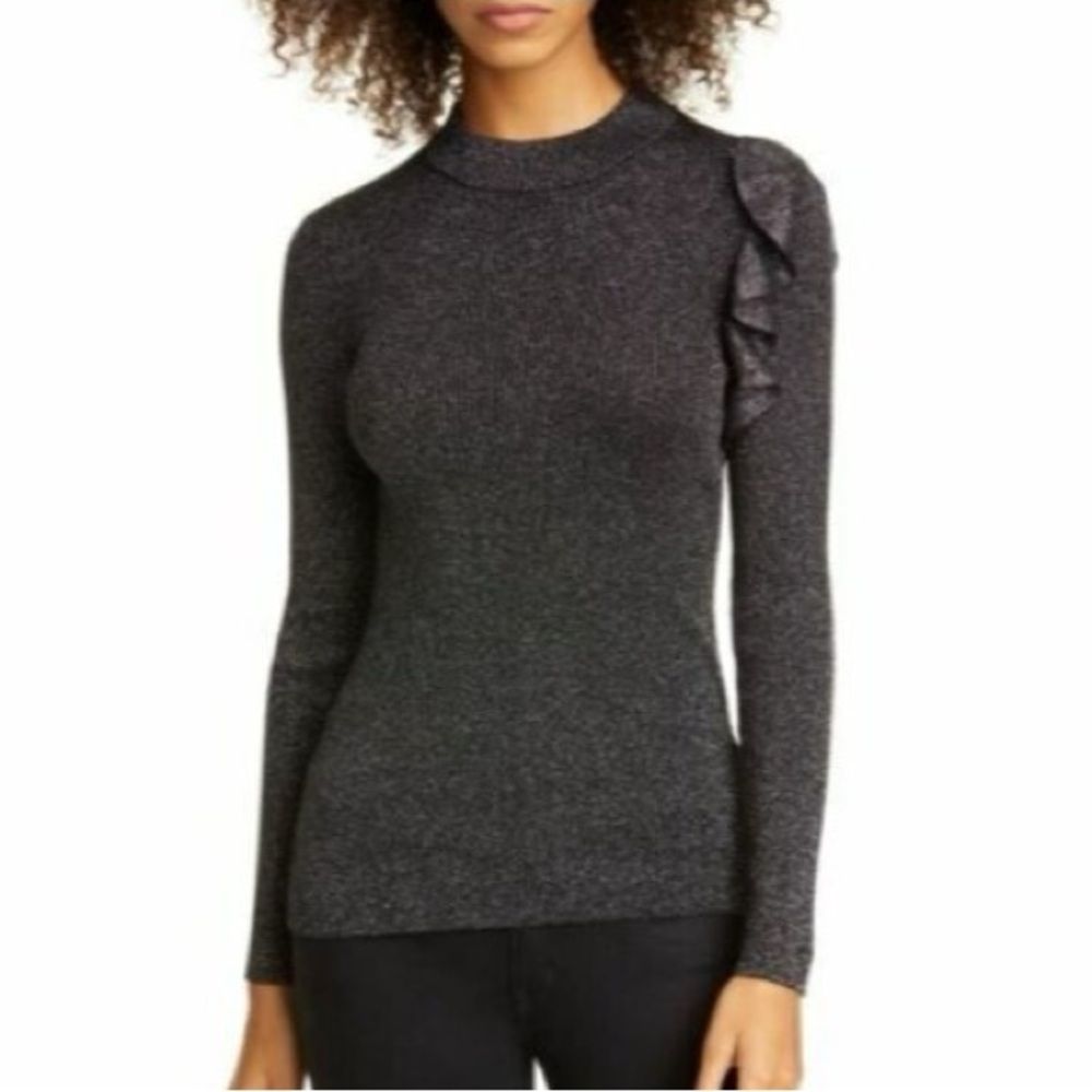 Ted Baker Addale Silver Metallic Black Rib Knit Sweater Ruffle Size 3